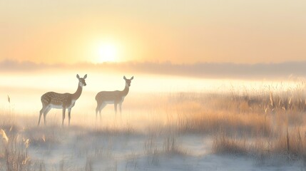 Obraz premium Sunrise Deer Meadow Fog Landscape Wildlife