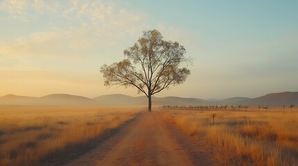 Sunrise over savanna, lone tree on dirt road, distant herd, peaceful landscape, travel poster