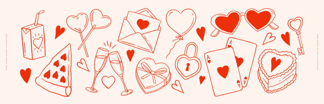 Hand-drawn vector illustration featuring romantic items: heart balloons, love potion, cards, gifts, heart-shaped pizza, champagne glasses. Ideal for Valentine's Day or love-themed designs.