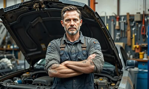 Confident auto mechanic with arms crossed, standing in his workshop