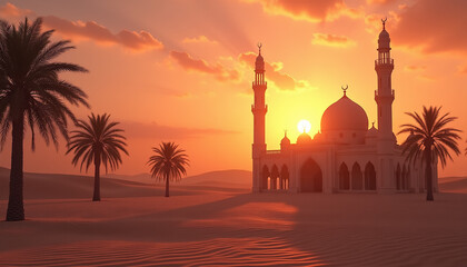 Sunset over mosque and palm trees