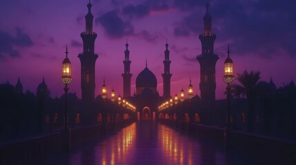 Obraz premium Majestic Mosque at Twilight with Lanterns Glow