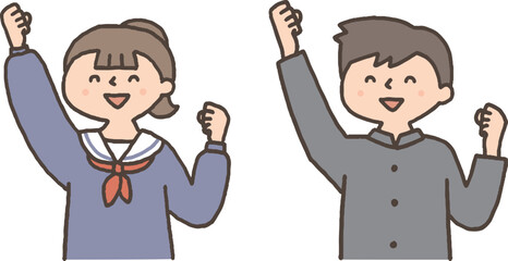 ガッツポーズをする学生服の男女