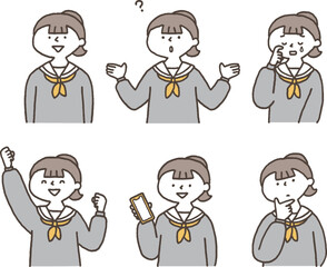 色々なポーズの学生服の女の子セット単色