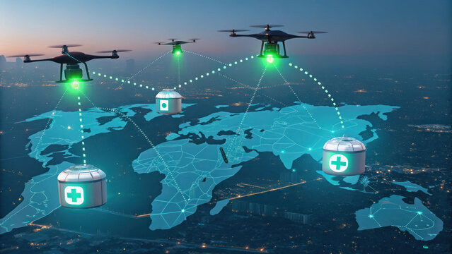 Futuristic drones delivering medical supplies across global network