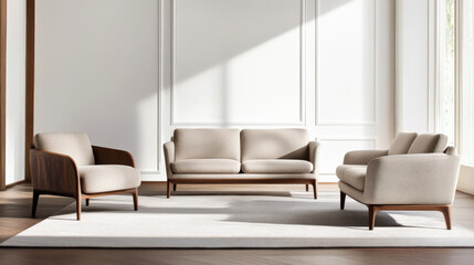 Modern Scandinavian style furniture set in clean, bright room, featuring cozy sofa and armchairs that create welcoming atmosphere