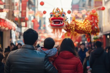 Fototapeta premium A family watching a dragon dance performance on a busy street decorated with traditional Chinese New Year symbols.