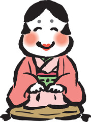 正座して微笑むお多福　筆タッチ手描きイラスト