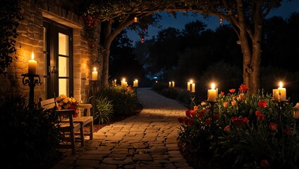 night in the city . A candlelit garden path at night, with a stone building on the left and a dark backdrop.