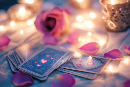Tarot spread for love reading with romantic ambiance and soft lighting