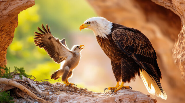 Teaching moment in nature as mother eagle guides her chick to fly. scene captures bond between them, showcasing beauty of wildlife and nurturing instinct of parent birds