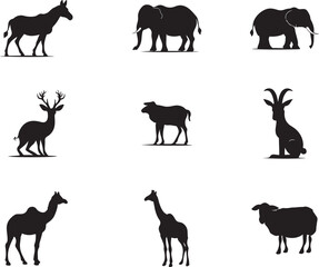 Fototapeta premium Flat Black Silhouette Wild Animals, Vector Illustration