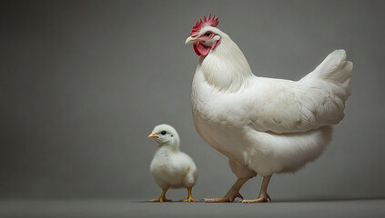 A mother hen and chick standing side by side