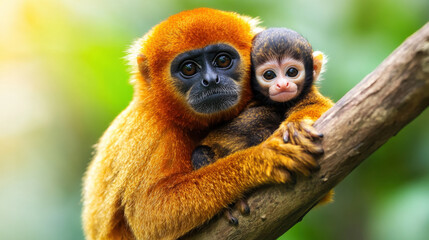 Fototapeta premium mother monkey holds her baby tightly while sitting on tree branch, showcasing tender moment in nature. vibrant colors and close bond evoke warmth and affection