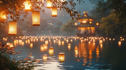 Floating Lanterns Reflecting on Calm Lake at Dusk