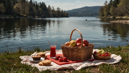 picnic in the park . A picnic by the lake features a basket of fruit, pastries, and juice on a blanket.