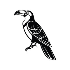 A black and white illustration of a toucan, done in a minimalist, vector art style.