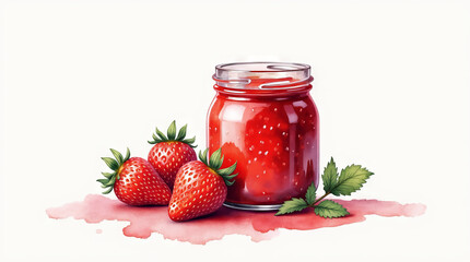Jar of strawberry jam with fresh strawberries on white background in watercolor style, colorful illustration