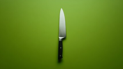 33.A minimalist setup with a sharp kitchen knife laid perfectly centered on a green cutting board, the bold color contrast creating a simple yet striking visual.