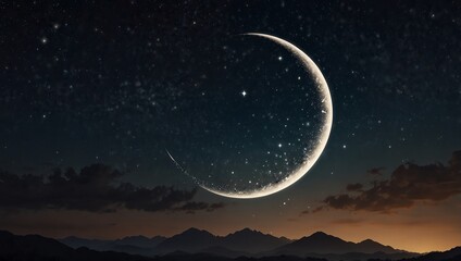 moon and stars . A crescent moon shines bright against a starry night sky. 