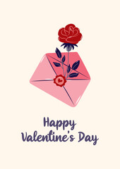 Happy Valentine's Day Card with Envelope and red rose. Simple cute greeting card. Vector illustration.