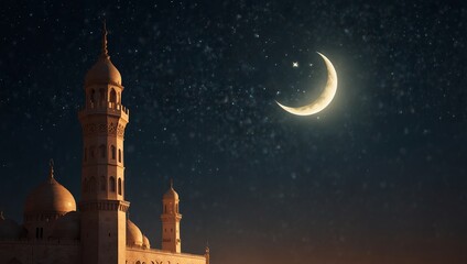 A digital image features a mosque silhouetted against a night sky with a crescent moon and stars