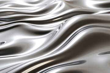 Obraz premium Chrome liquid silver background. Abstract metal texture with waves. Silver color chrome morphism pattern, steel reflection design, aluminum shiny illustration