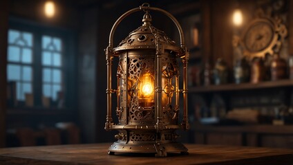 A lit, ornate lantern sits on a table, its light a focal point.