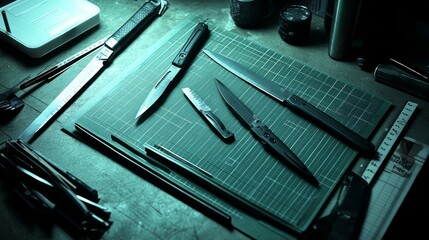 16.A high-angle shot of a green cutting mat with precise grid lines, an assortment of sharp exacto knives, and a sleek metal ruler placed meticulously, under bright, even lighting for a clean and