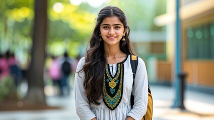 young indian college girl standing at college campus