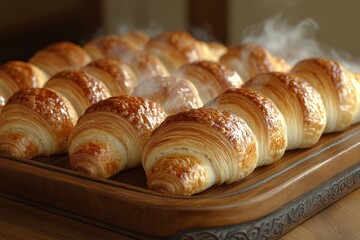 Freshly baked croissants arranged neatly on a wooden tray, steaming hot. Generative AI