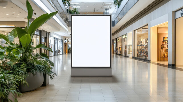 blank billboard in shopping mall surrounded by greenery and stores, creating modern and inviting atmosphere. Ideal for advertising and promotions