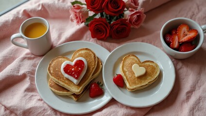 Tea and cookies .  A heart shaped pancake breakfast, including a cup of juice, bowl of strawberries, and a bouquet of roses.
