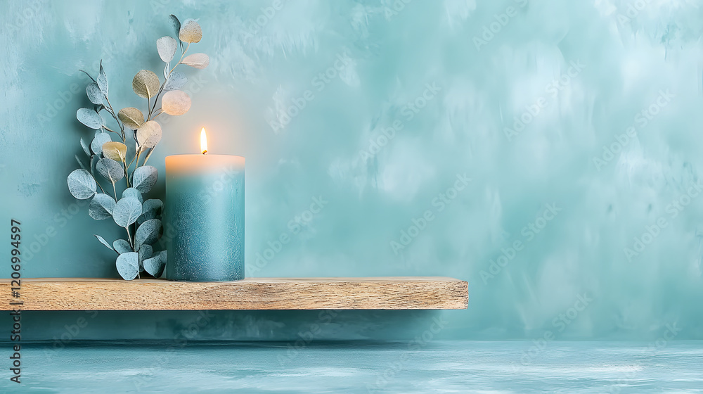Poster A serene teal background features a lit candle and delicate foliage on a rustic wooden shelf, creating a calming atmosphere