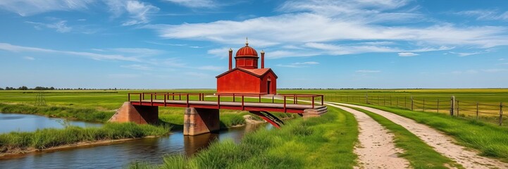 Ancient village bridge with red metal frame and wooden boards crossing river in Kazakhstan, river, red, historical monument
