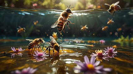 Naklejka premium Playful Scene Of Bees Dipping Flowers Into A Magical River Of Honey
