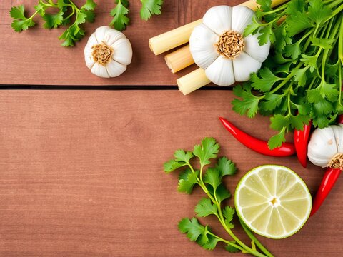 Asian food ingredients including lemongrass, chili, garlic, lime leaves, and coriander on rustic wooden background top view, Vietnam, Thai cuisine, lemongrass, top view, garlic