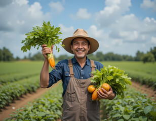 Cheerful farmer holding fresh vegetables in a lush sustainable field