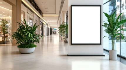 modern shopping mall interior featuring blank billboard surrounded by greenery. spacious corridor is well lit, creating welcoming atmosphere