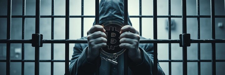 Bitcoin and cryptocurrency fraud concept depicted with handcuffs clamped around stacks of US dollar banknotes and various crypto coins, digital, economy, enforcement