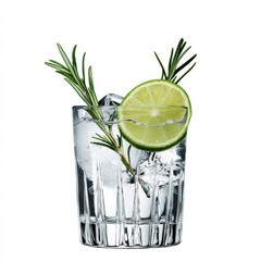 A sophisticated Gin and Tonic with lime wedge and rosemary, presented against an isolated white background, realism art style
