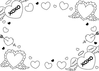 Romantic doodle Border. Charming frame with hearts, angels, and Cupid arrows. Perfect for wedding invitation, Valentine's card, and children's coloring pages. Festive outline vector illustration.