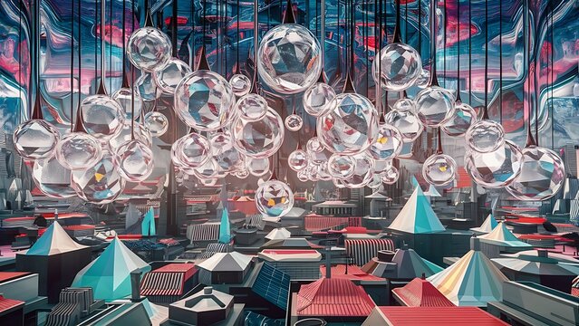 Vector abstract 3d crystal a view of the roofs of the city a large chaotic set of glass pendants