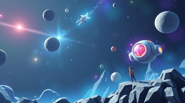 Child in virtual reality headset exploring space adventure game in metaverse, game, space, futuristic