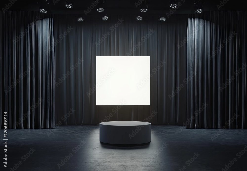 Poster Illuminated square display on a pedestal, framed by dark curtains in a minimalist setting.