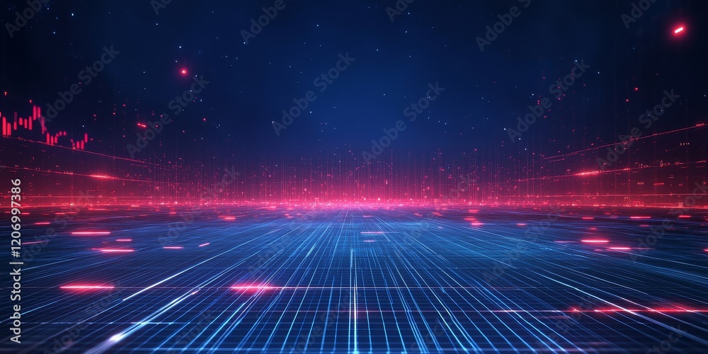 Poster Abstract digital landscape with glowing lines and data streams.