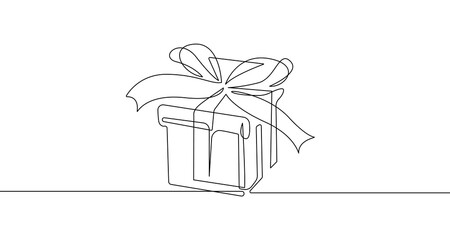 Gift Box Hand Drawn One Line Sketch Drawing. Gift Simple Outline Style. Present Symbol Vector Continuous One Line Drawing Black and White Isolated on White Background.