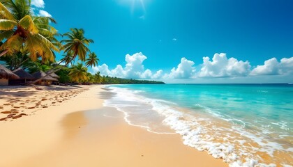 Fototapeta premium Stunning Tropical Beach Scene with Palm Trees and Turquoise Water