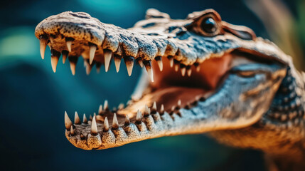Fototapeta premium Ancient crocodile fossilized jaw showcasing sharp teeth and intricate details, evoking sense of wonder about prehistoric life