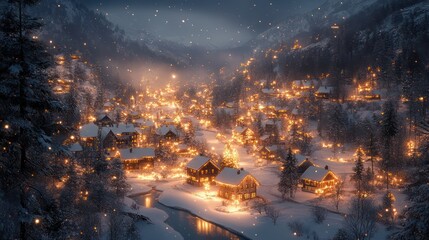 Fototapeta premium A Magical Winter Village: Christmas Lights Illuminate Snowy Landscape